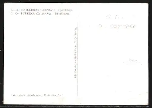 Künstler-AK Schlesisch-Ostrau, Sparkassengebäude mit Strasse