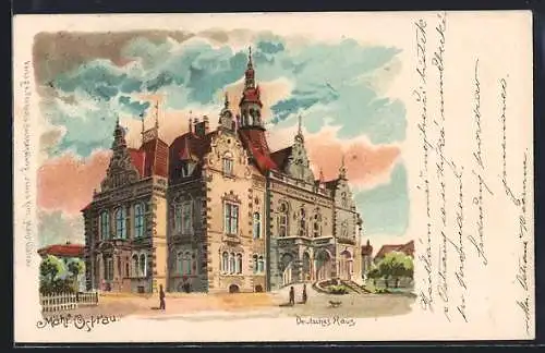 Lithographie Mähr. Ostrau, Deutsches Haus, von der Strasse gesehen