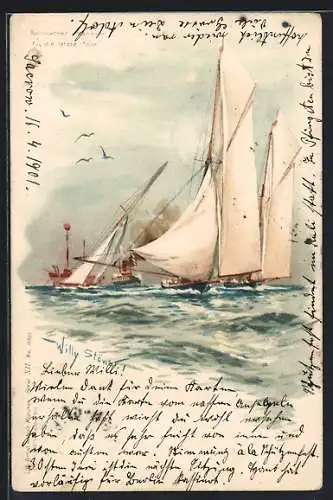 Künstler-AK Stoewer: Spinnacker-Manöver für die letzte Tour, Segelschiffe auf hoher See