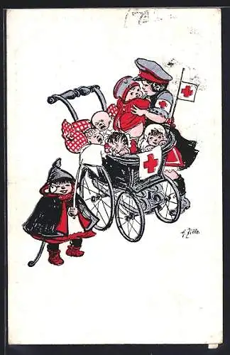 Künstler-AK Heinrich Zille: Kinderwagen mit weinenden Babys & Rotem Kreuz