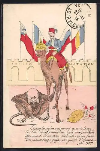 AK Kaiser Franz Josef I. als Affe, Kaiser Wilhelm II. als Kamel