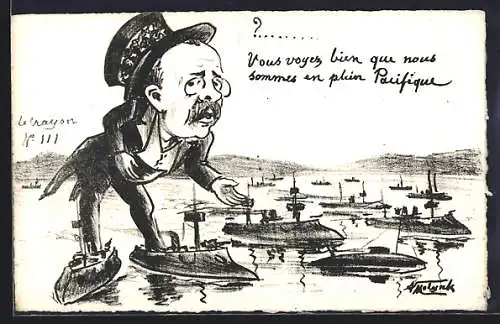 Künstler-AK sign. A. Molynk: Mann mit kleinen Kriegsschiffen