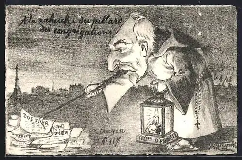 Künstler-AK sign. A. Molynk: Mönch sammelt Papier auf