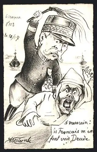 Künstler-AK sign. A. Molynk: Franzose verprügelt Marokkaner