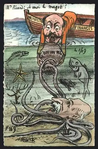 Künstler-AK sign. A. Molynk: Krake mit Gesicht greift nach Geldsack