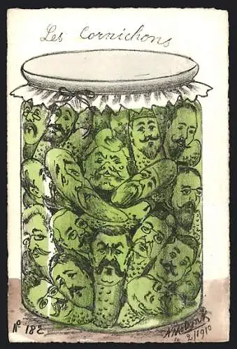 Künstler-AK sign. A. Molynk: Gurken mit Gesichtern im Glas