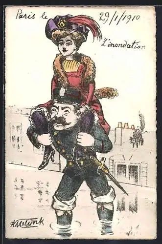 Künstler-AK sign. A. Molynk: Französischer Soldat nimmt Dame Huckepack