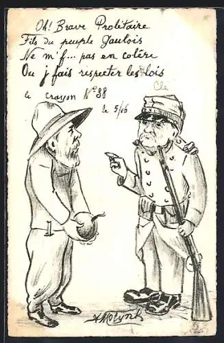 Künstler-AK sign. A. Molynk: Französischer Soldat und Mann mit Zwiebel