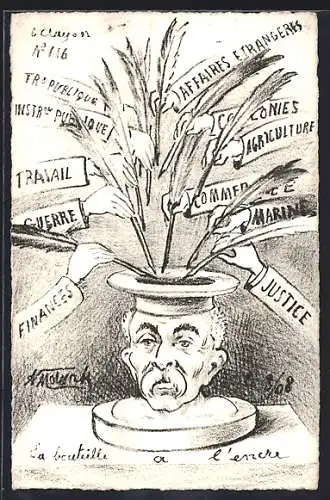 Künstler-AK sign. A. Molynk: Mann als Tintenfass