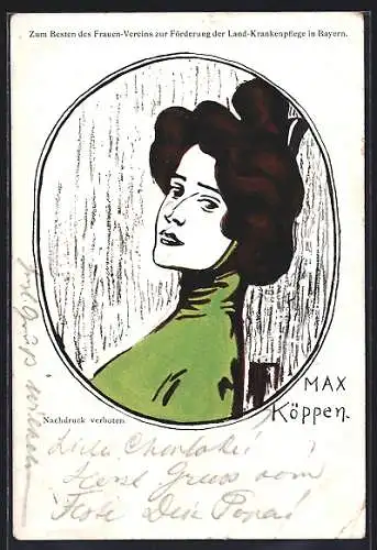 Künstler-AK sign. Max Köppen: Dame im grünen Kleid