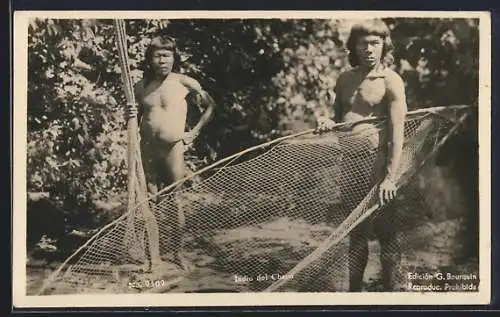 AK Indio del Chaco, Zwei Indios mit einem bootförmigen Netzrahmen