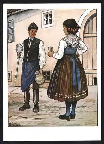 Künstler-AK Mörbisch / Burgenland, Paar in Ostmärkischen Volkstrachten