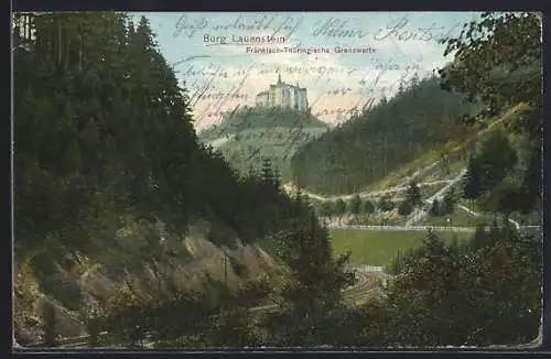 AK Lauenstein / Oberfranken, Blick auf die Burg, Die Fränkisch-Thüringische Grenzwarte