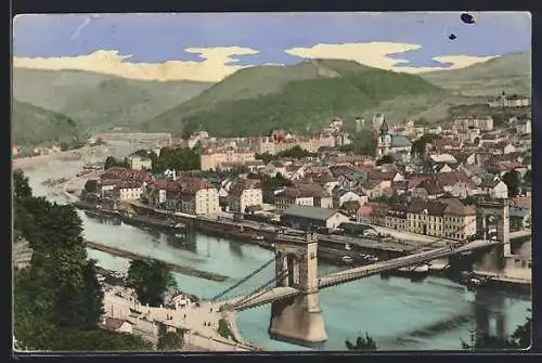 AK Tetschen a. E., Ortspartie mit Fluss und Brücke