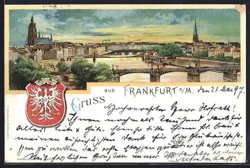 Lithographie Frankfurt a. M., Flusspartie mit Brücken, Blick auf die Innenstadt