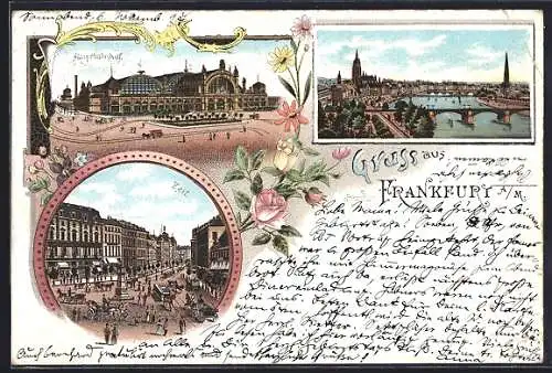 Lithographie Frankfurt a / M., Teilansicht, Hauptbahnhof, Zeil