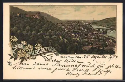 Lithographie Heidelberg / Neckar, Ortsansicht mit Flusspartie