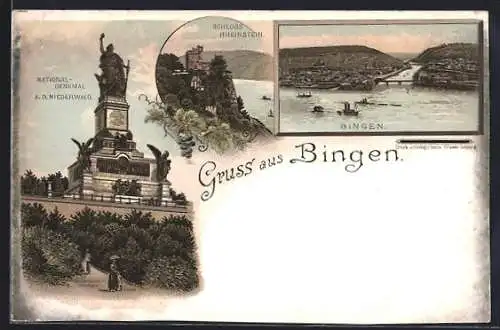 Lithographie Bingen / Rhein, Schloss Rheinstein, National-Denkmal a. d. Niederwald