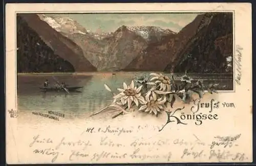 Lithographie Königsee / St. Bartholomä, Boot auf dem Königsee vom Malerwinkel