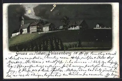 Lithographie Hohen Peissenberg, Ortsansicht bei Nacht