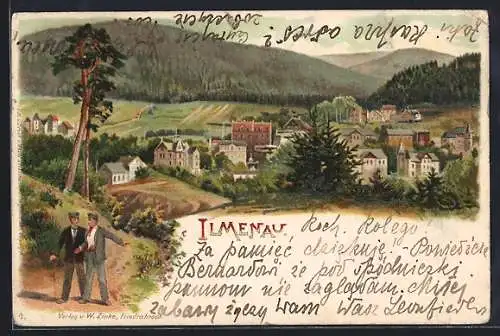Lithographie Ilmenau / Thüringen, Blick über den Ort und Umgebung