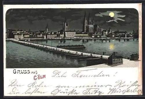 Lithographie Köln, Totalansicht der Stadt, Dampfer