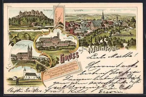 Lithographie Lichtenfels / Mainthal, Staffelberg, Schloss Benz, Kirchenklause