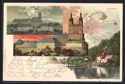 Lithographie Banz / Staffelstein, Schloss bei Tag und Nacht, Hausen