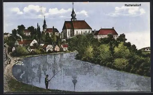 Künstler-AK Rattelsdorf / Bamberg, Uferpartie mit Kirche und Angler