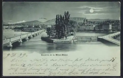 Mondschein-AK Genève, Panorama et le Mont-Blanc