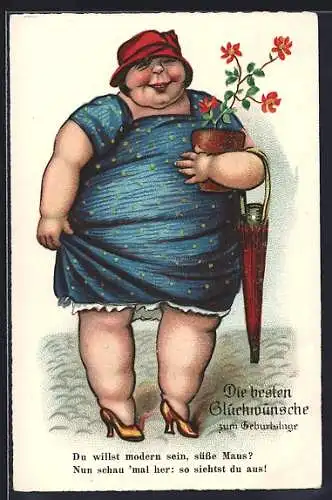 AK Dicke Dame mit Blumentopf und Schirm