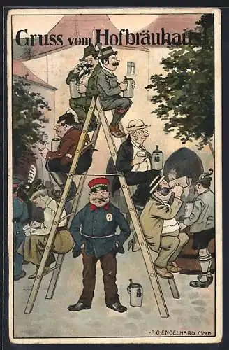 Künstler-AK P. O. Engelhard (P.O.E.): München, Gasthof Münchner Hofbräuhaus, Gäste sitzen auf einer Leiter