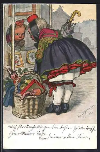 Künstler-AK Emil Beithan: Mädchen in Tracht betrachtet sich selbst