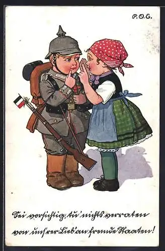 Künstler-AK P. O. Engelhard (P.O.E.): Sei sorgfältig, tu nichts verrraten..., Kleiner Soldat beim Abschied