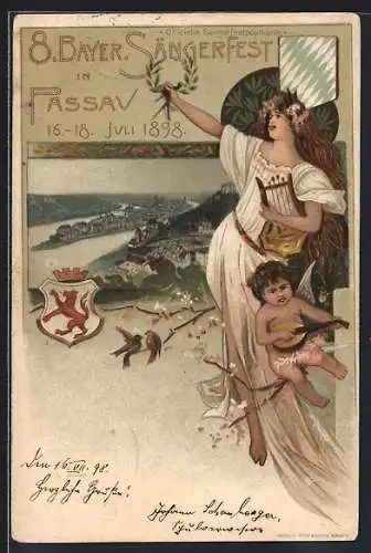 Lithographie Passau, 8. Bayer. Sängerfest 1898, Wappen, Engel mit Harfe