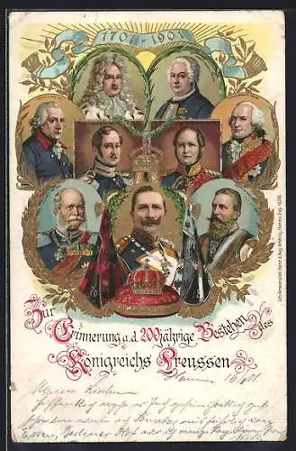 Lithographie Zum 200jährigen Bestehen des Königreichs Preussen, Friedrich Wilhelm III. von Preussen, 1701-1901