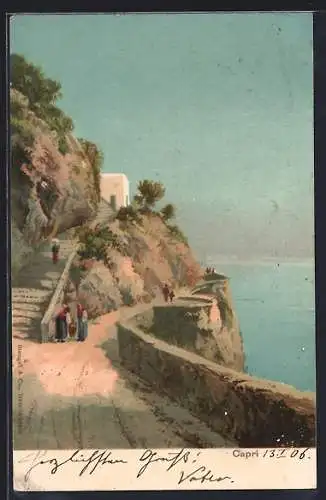 Lithographie Capri, Strassenpartie an der Steilküste