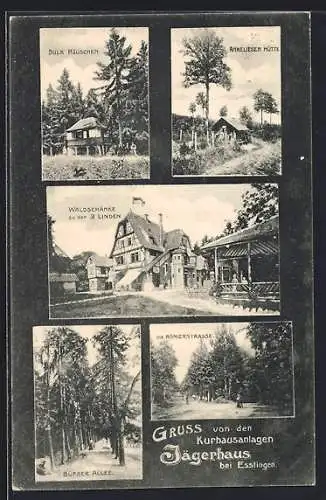 AK Esslingen / Neckar, Kurhausanlagen Jägerhaus, Dulk Häuschen, Gasthaus Waldschänke zu den 3. Linden, Römerstrasse