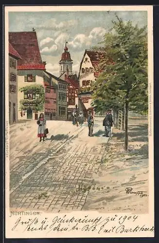 Künstler-Lithographie Nürtingen, Strassenpartie mit Anwohnern
