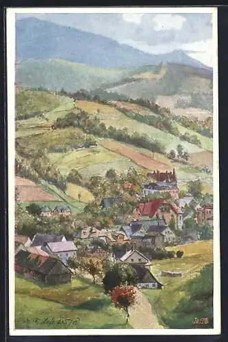 Künstler-AK E.F. Hofecker: Niederlindewiese, Totalansicht, Deutscher Schulverein