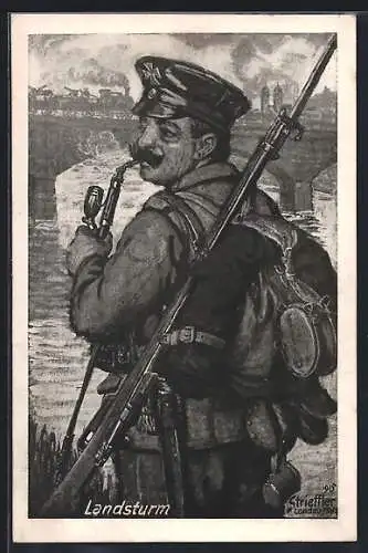 Künstler-AK Landsturm, Soldat vor Eisenbahnbrücke