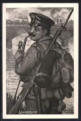 Künstler-AK Strieffler: Landsturmmann mit Rucksack, Gewehr und Pfeife