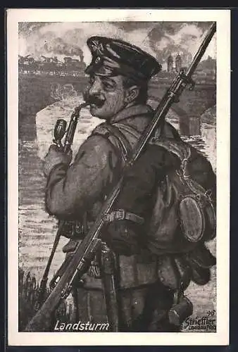 Künstler-AK Landsturm, Soldat vor Eisenbahnbrücke