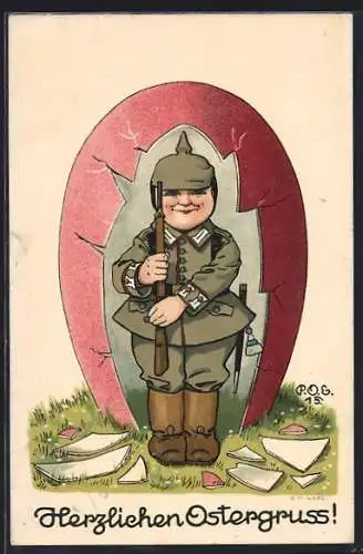 Künstler-AK P. O. Engelhard (P.O.E.): Soldat mit Pickelhaube in Osterei