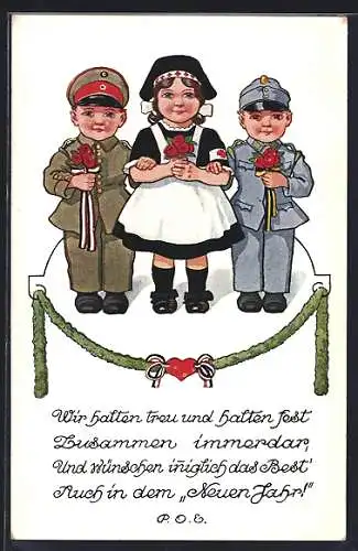 Künstler-AK P. O. Engelhard (P.O.E.): Mädchen mit zwei kleinen Soldaten, Neujahrsgruss