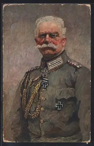 Künstler-AK Generalfeldmarschall von Macksensen in Uniform mit Schützenschnur und Eisernem Kreuz