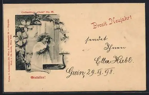 Künstler-AK Charles Scolik: Kleines Mädchen im weissen Kleid, Neujahrsgruss