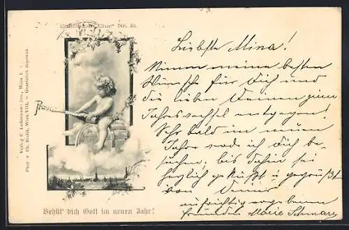 Künstler-AK Charles Scolik: Nacktes Kind mit einer Sektflasche, Landschaft, Neujahrsgruss, Behüt` dich Gott!