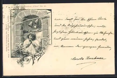 Künstler-AK Charles Scolik: Kleines Mädchen läutet die Glocken, Neujahrsgruss