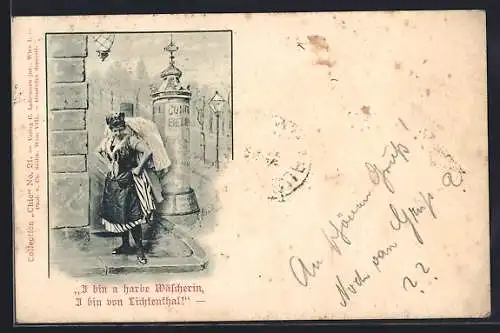 Künstler-AK Charles Scolik: Lichtenthal, Wäscherin vor einer Litfasssäule